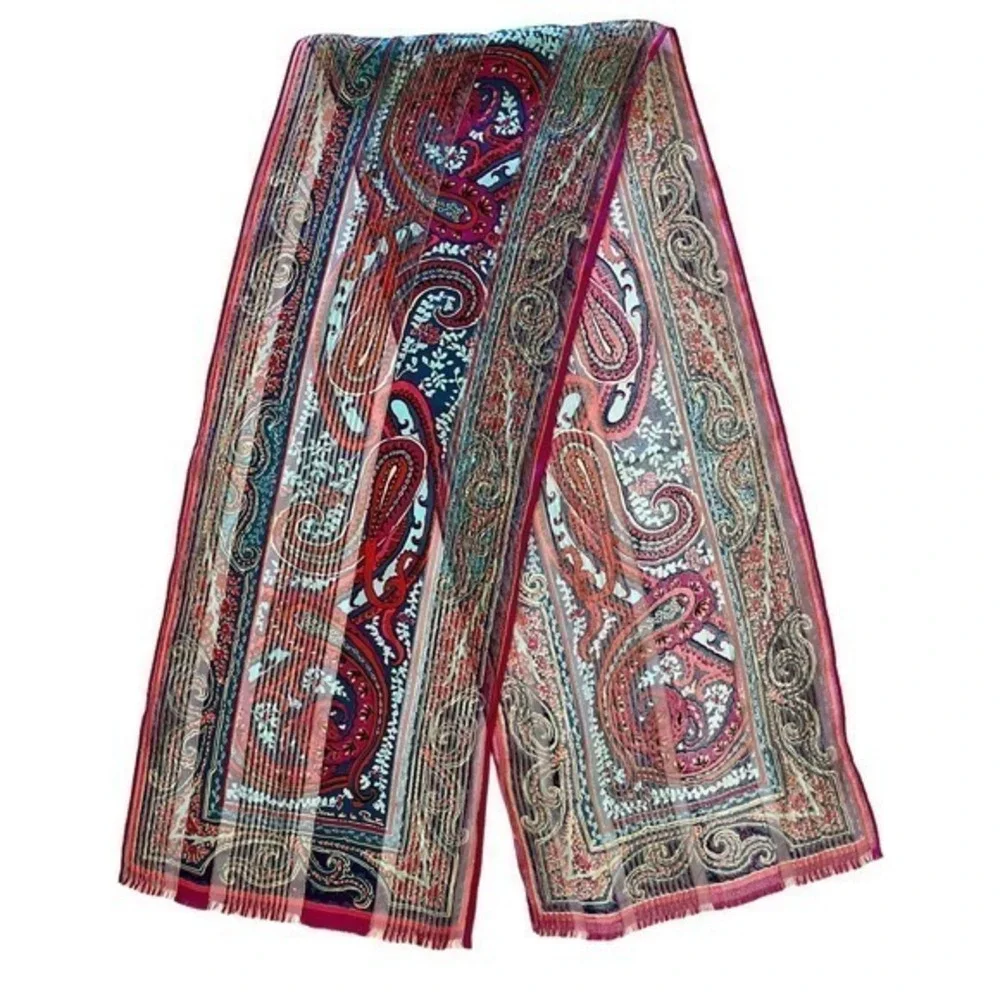 Oscar de la Renta Vintage Paisley Metallic Gold Silk Fringe Long Scarf